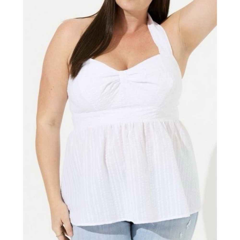 Textured Seersucker Peplum Babydoll Halter Top Coastal Cowgirl Coquette Stretch
